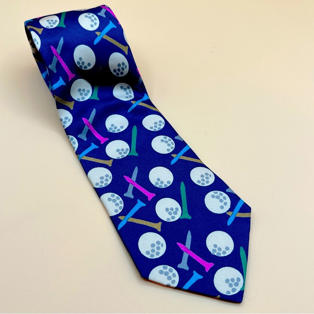 Lillian Vernon Silk Tie Blue Golf Balls Tees Pattern Men’s Vintage 1992- EUC